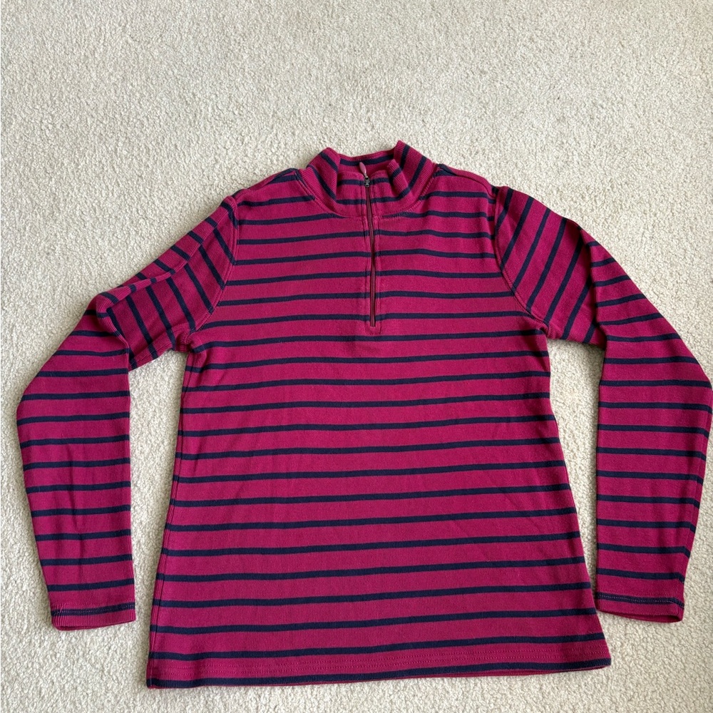 L.L. Bean Pink and Navy Striped Jacket Top Sweater Quarter-Zip